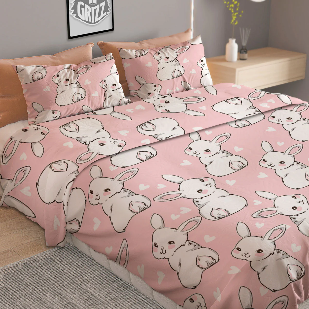 Rabbit Pink Print Pattern Duvet Cover Bedding Set - Image 2