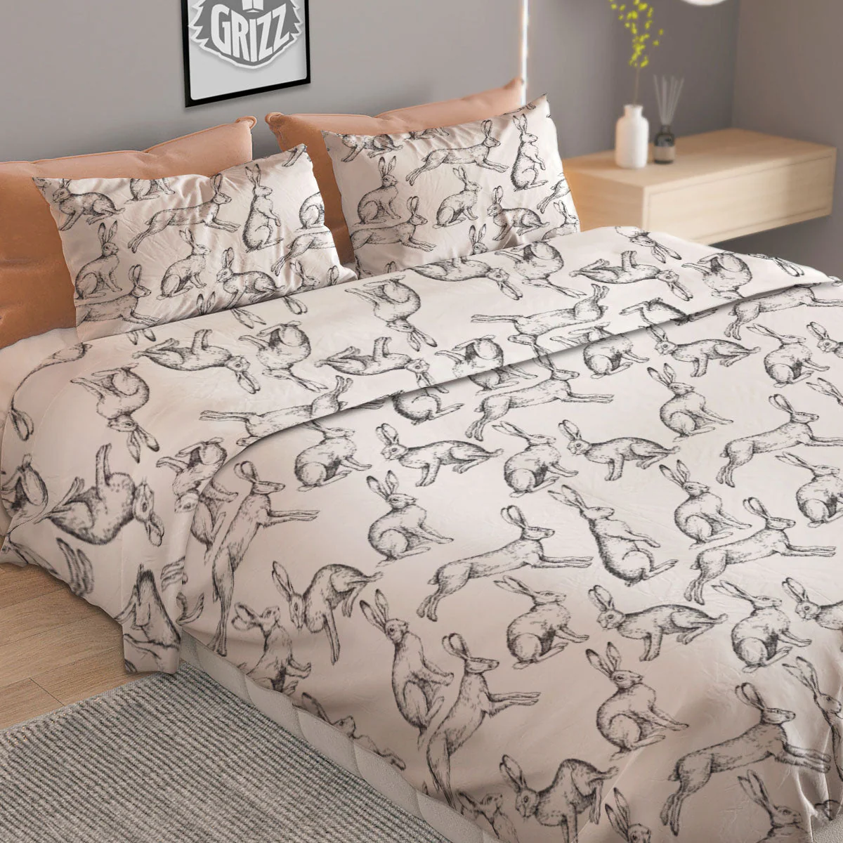 Rabbit White And Black Print Pattern Duvet Cover Bedding Set - Image 2
