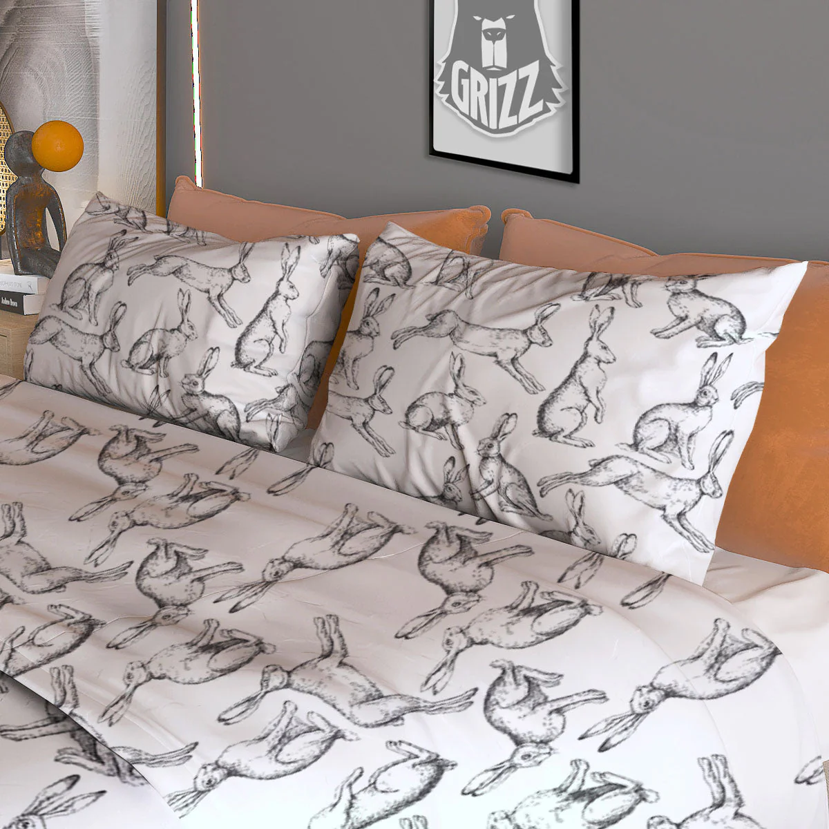 Rabbit White And Black Print Pattern Duvet Cover Bedding Set - Image 3