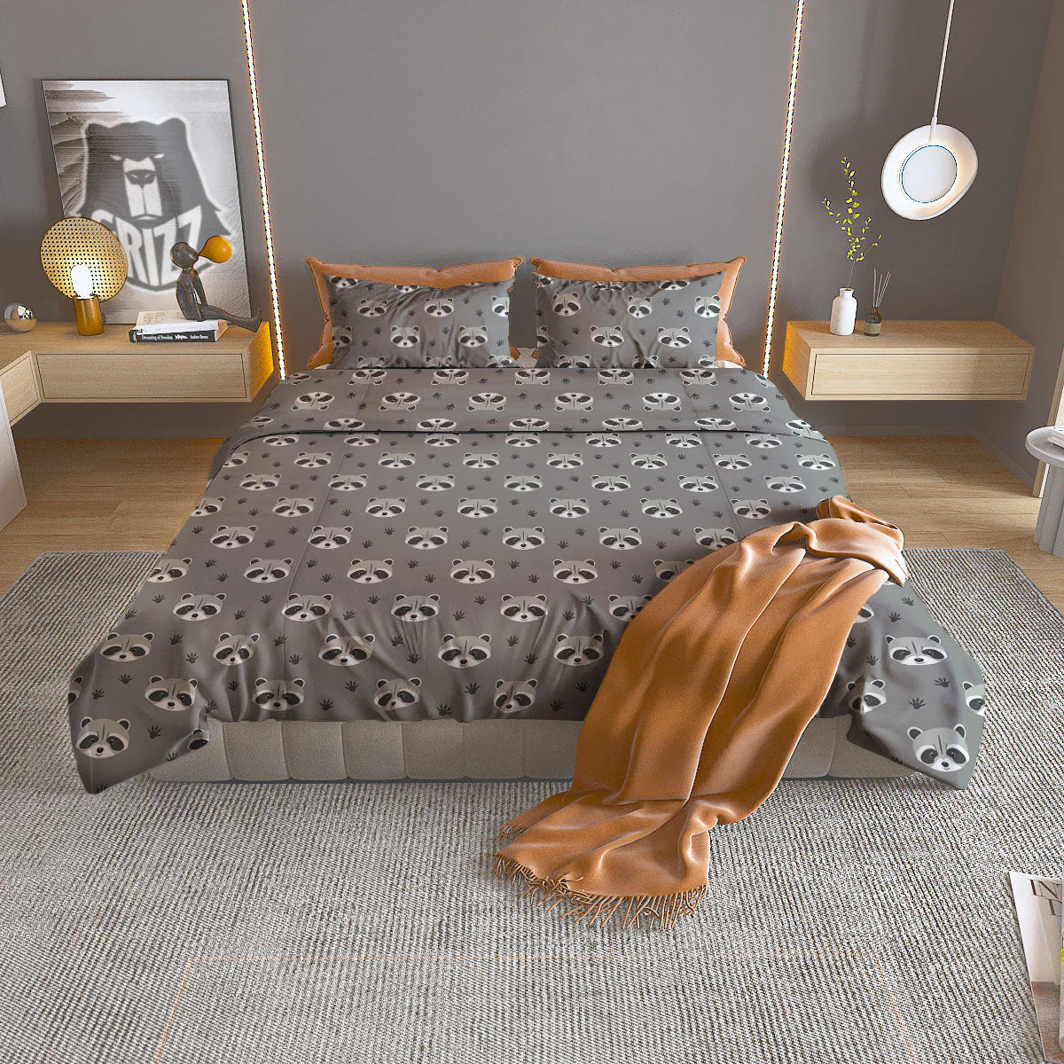 Raccoon Grey Print Pattern Duvet Cover Bedding Set