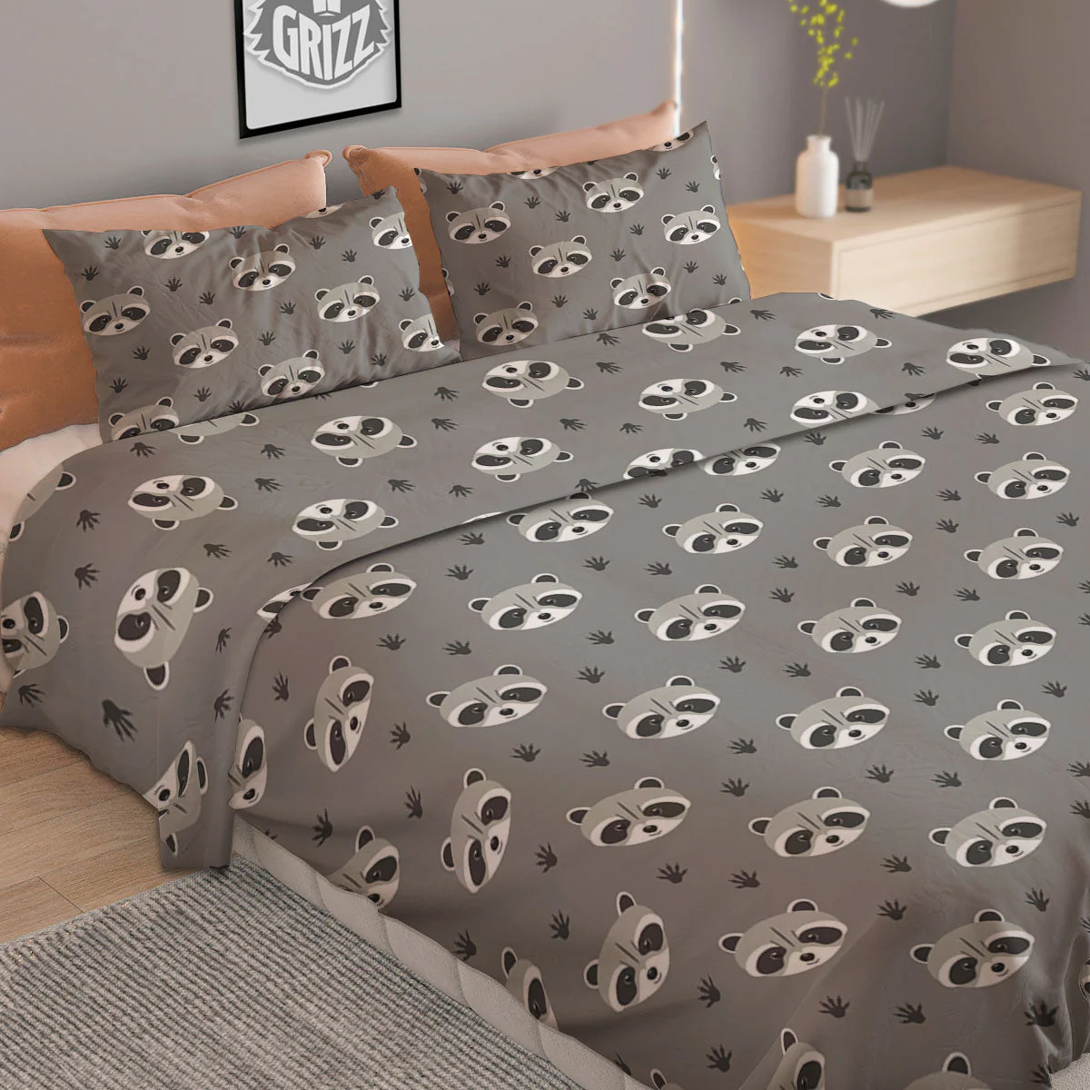 Raccoon Grey Print Pattern Duvet Cover Bedding Set - Image 2