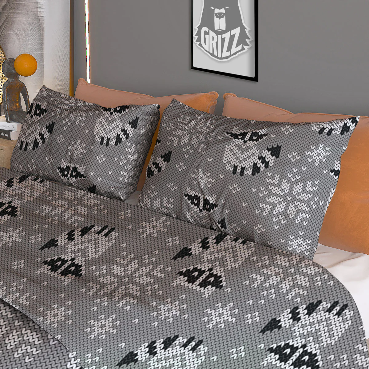 Raccoon Knitted Print Pattern Duvet Cover Bedding Set - Image 3