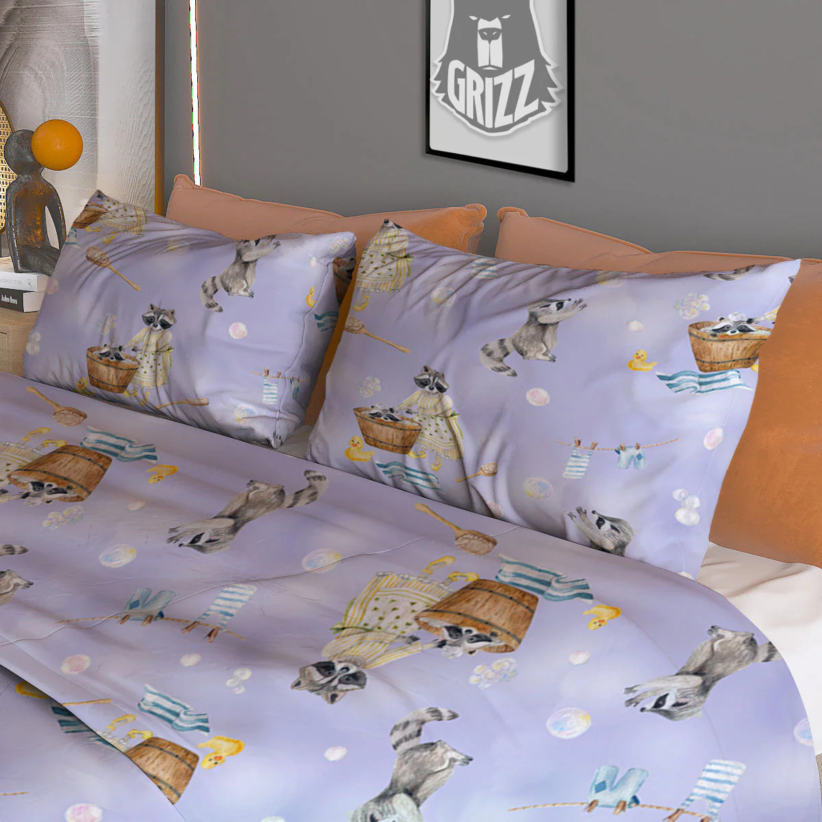 Raccoon Watercolor Print Pattern Duvet Cover Bedding Set - Image 3
