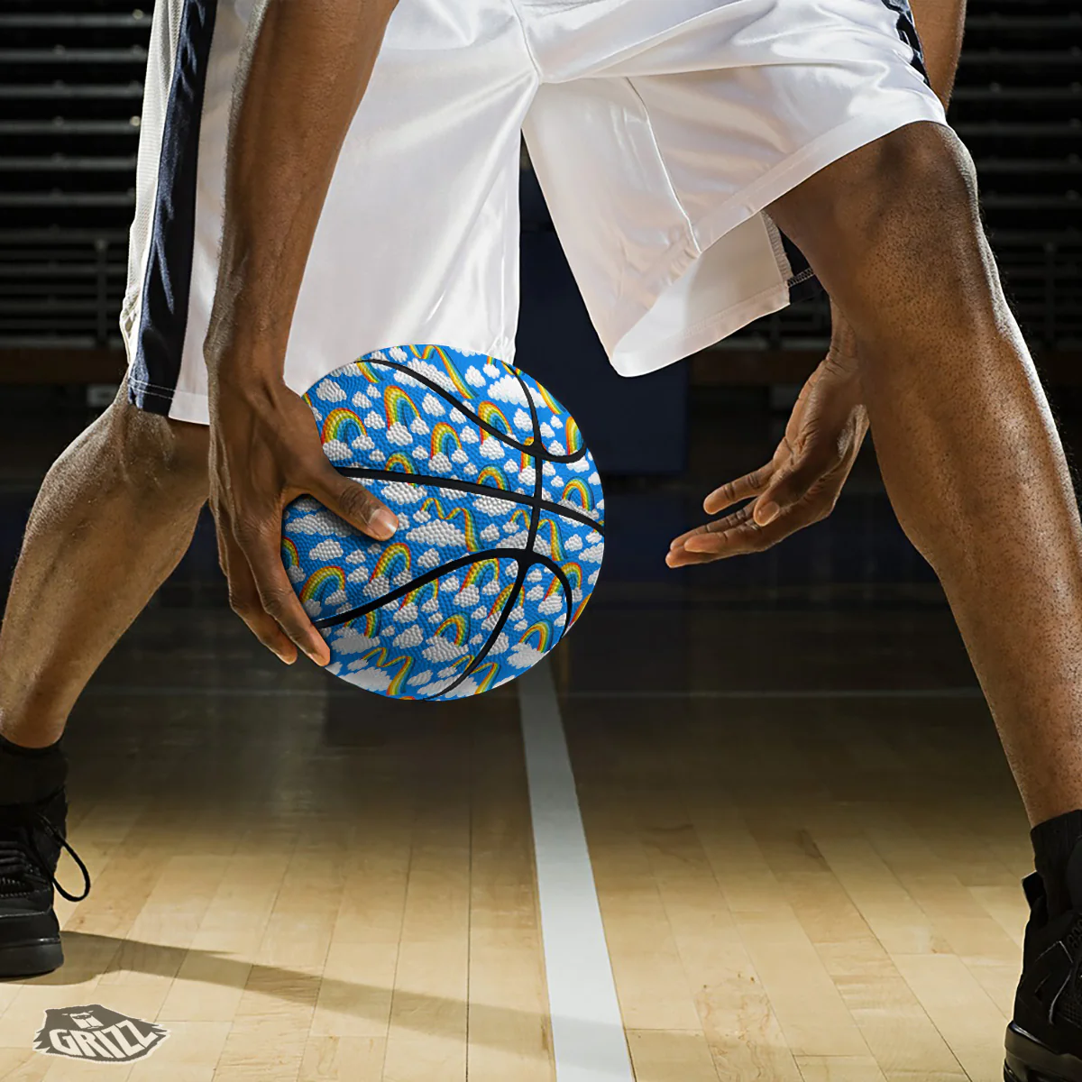Rainbow And Clouds Blue Print Pattern Basketball - Image 3
