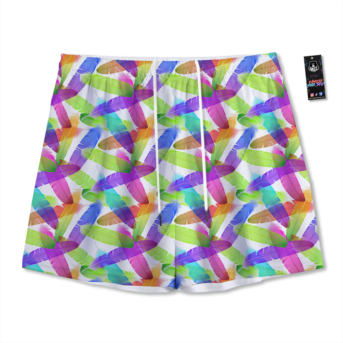 Rainbow Color Feather Print Pattern Mesh Shorts