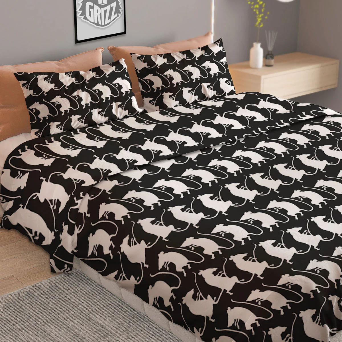 Rat White And Black Print Pattern Duvet Cover Bedding Set - Image 2