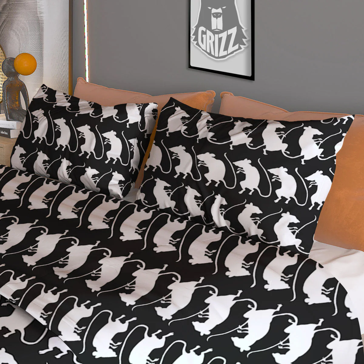 Rat White And Black Print Pattern Duvet Cover Bedding Set - Image 3
