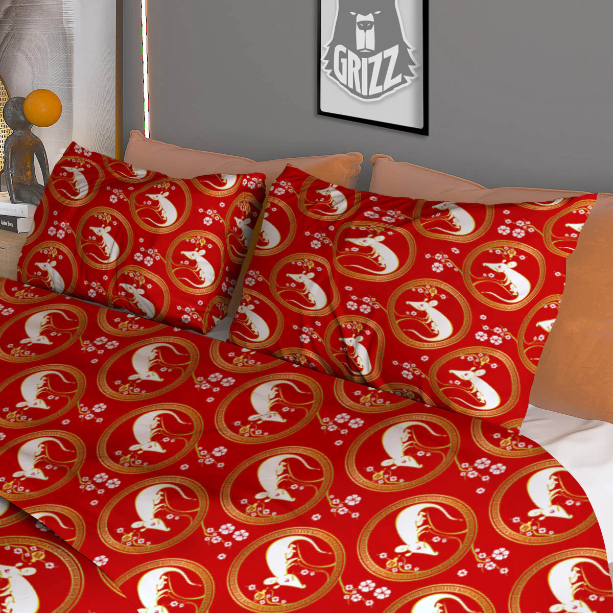 Rat Zodiac Chinese Print Pattern Duvet Cover Bedding Set - Image 3