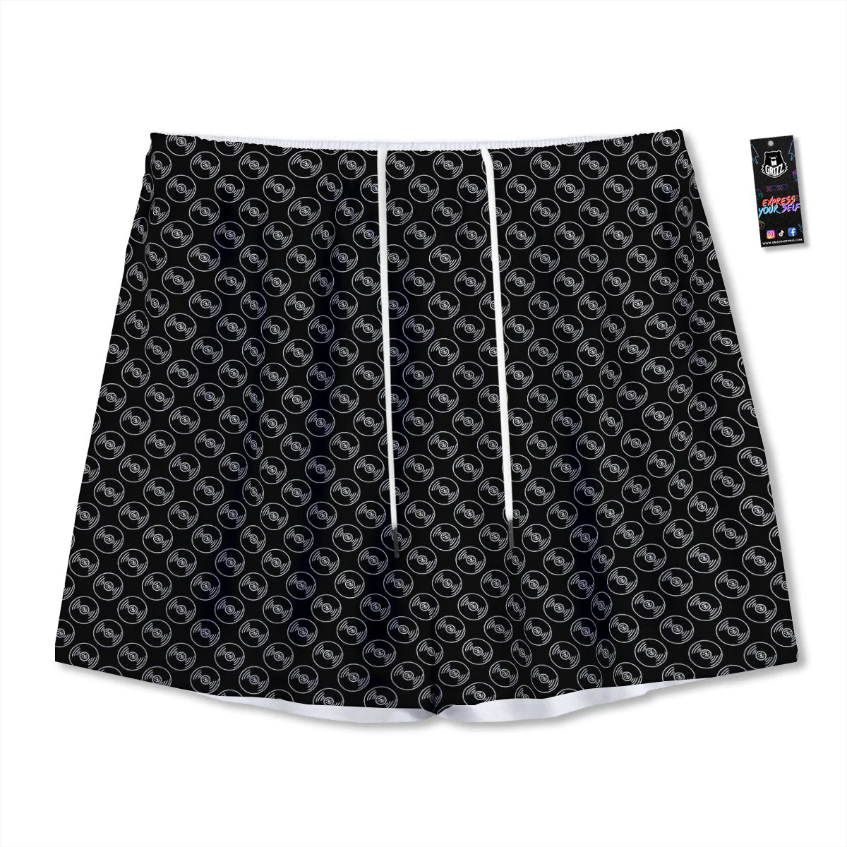 Record Black Vinyl Print Pattern Mesh Shorts
