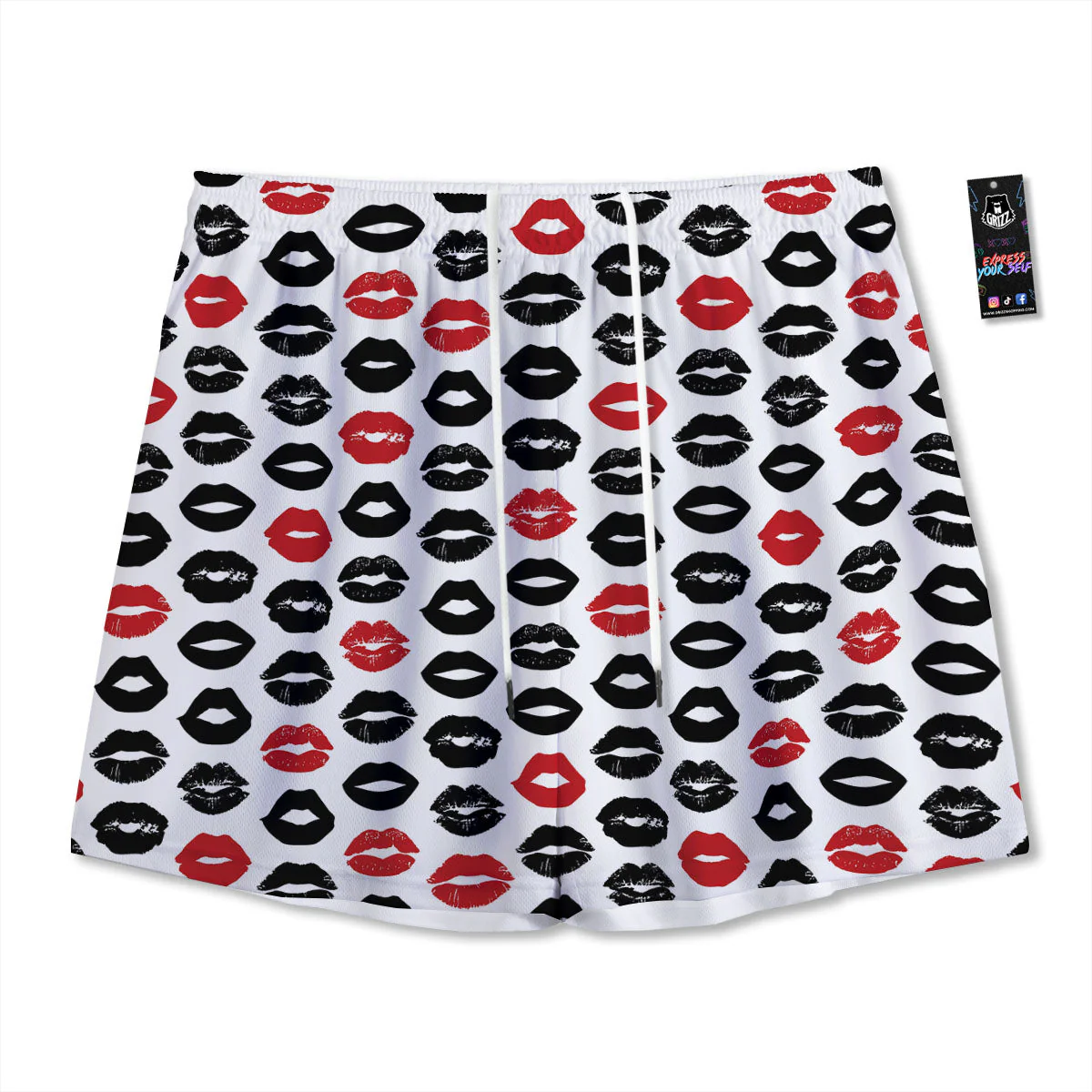 Red And Black Lips Print Pattern Mesh Shorts