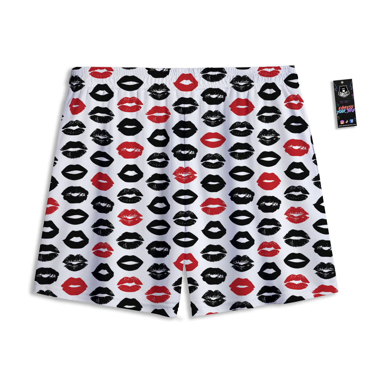Red And Black Lips Print Pattern Mesh Shorts - Image 2