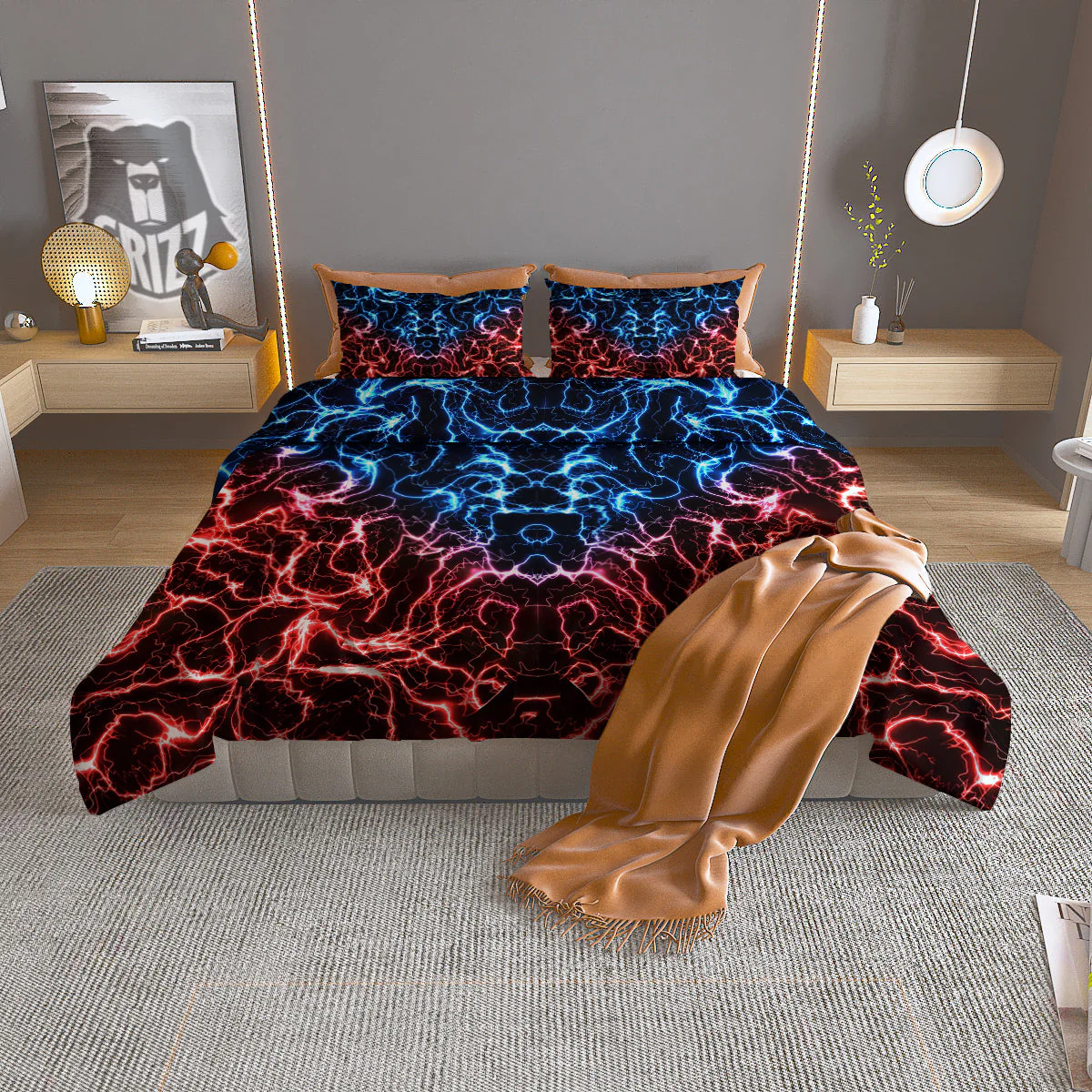 Red And Blue Electrical Print Duvet Cover Bedding Set