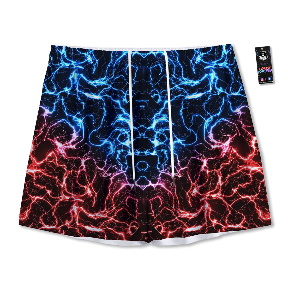 Red And Blue Electrical Print Mesh Shorts