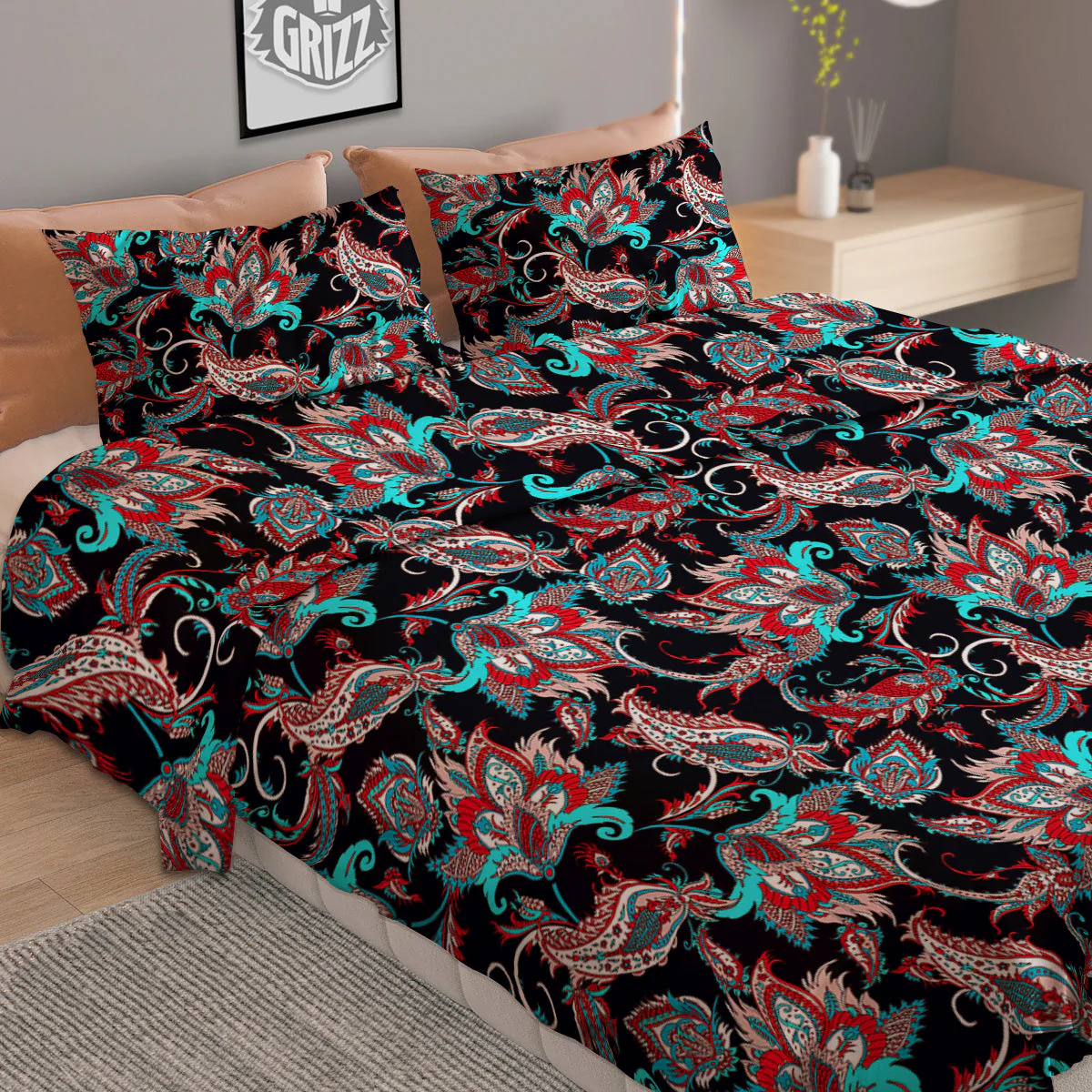Red And Blue Neon Paisley Floral Print Pattern Duvet Cover Bedding Set - Image 2