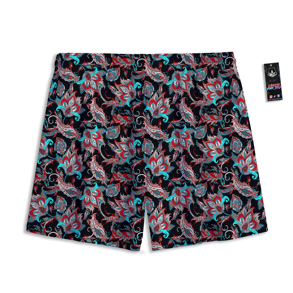Red And Blue Neon Paisley Floral Print Pattern Mesh Shorts - Image 2