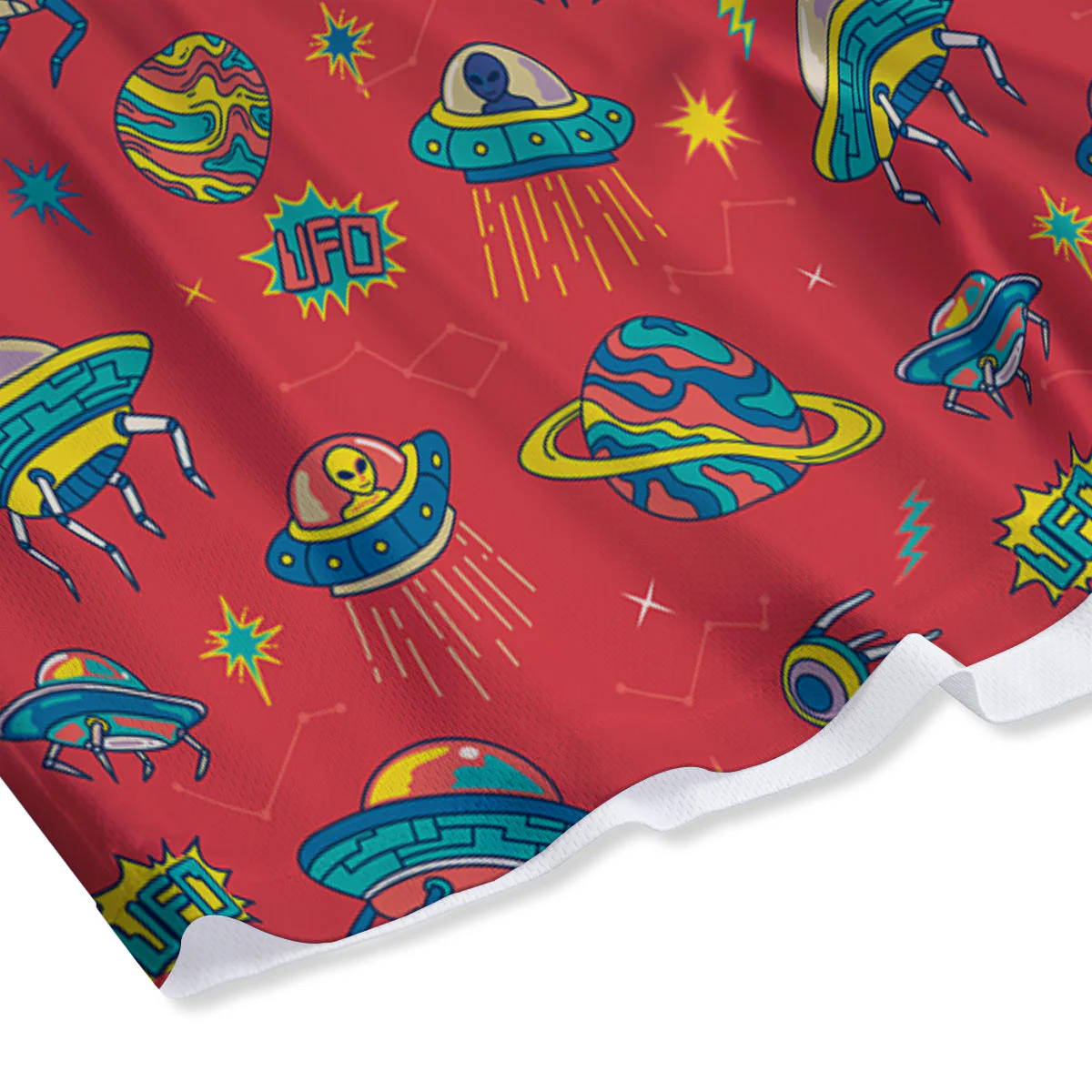 Red And Colorful UFO Print Pattern Mesh Shorts - Image 4