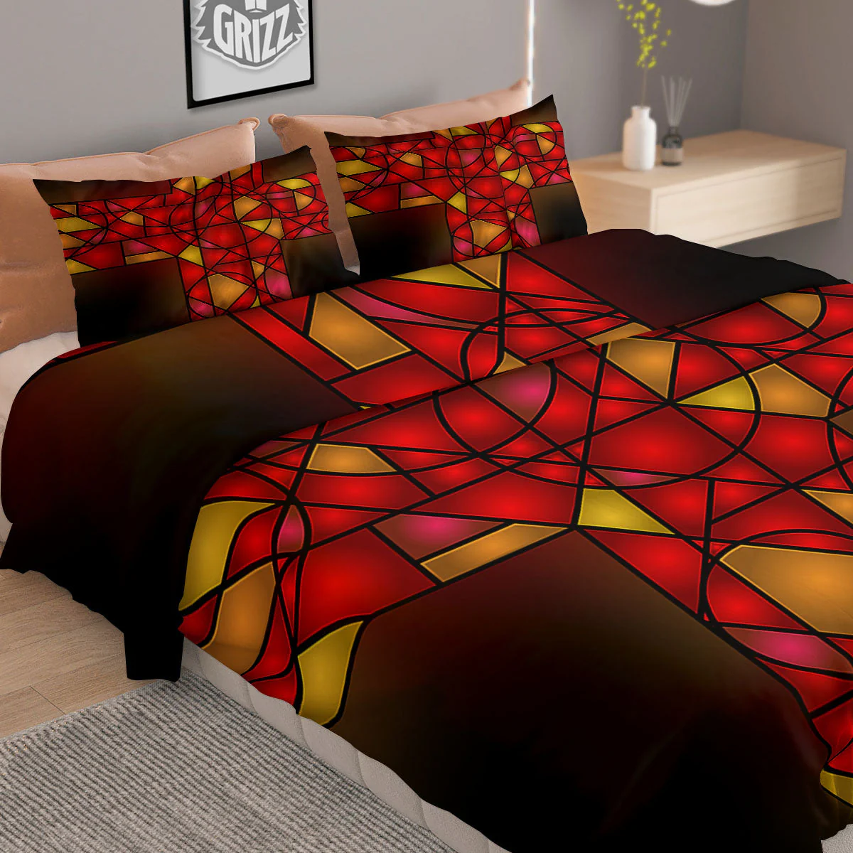 Red And Orange Cross Stained Glass Print Duvet Cover Bedding Set - Image 2