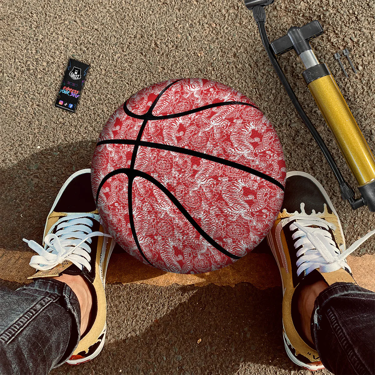 Red And White Chinese Tiger Print Pattern Basketball - Image 2