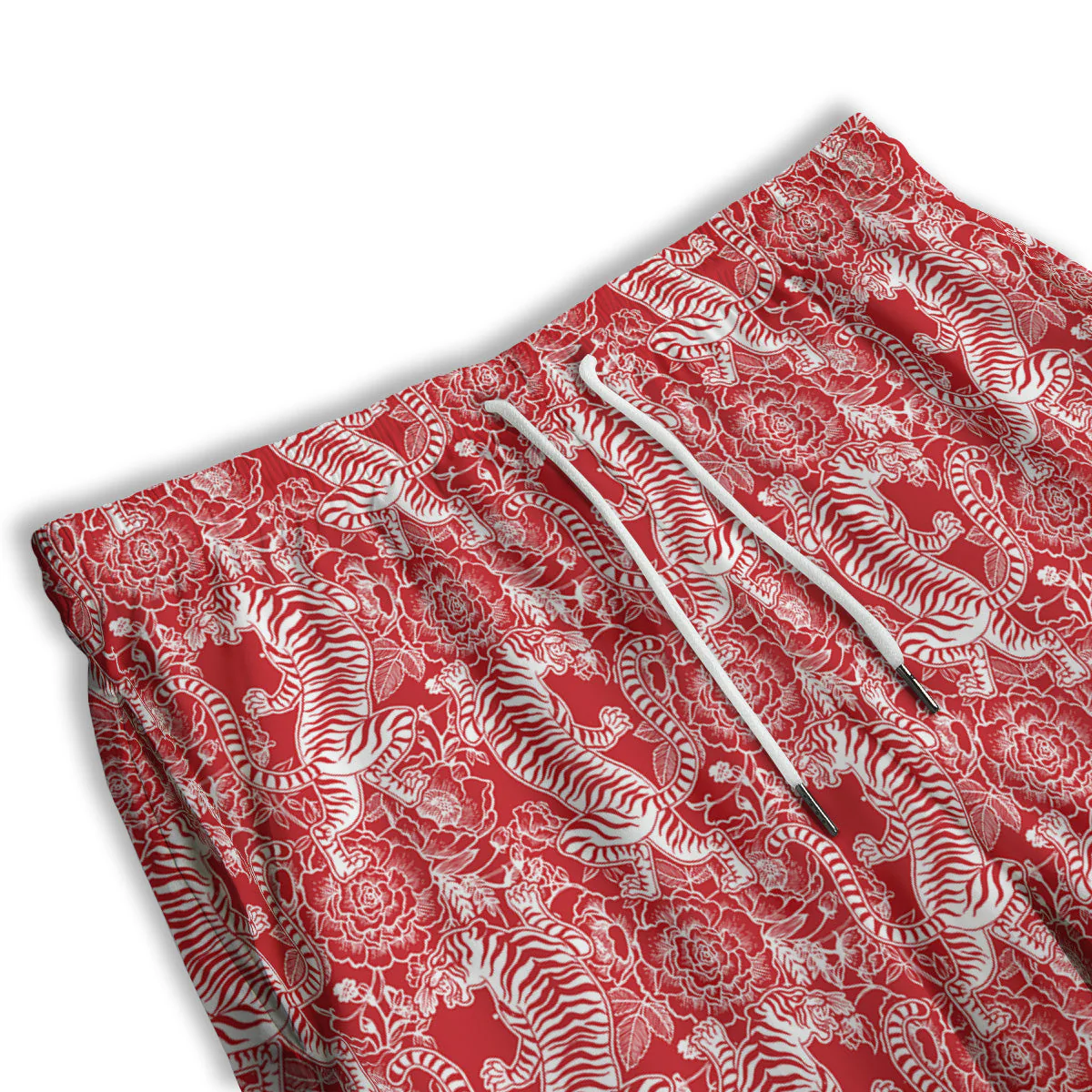 Red And White Chinese Tiger Print Pattern Men's Athletic Shorts - Image 3
