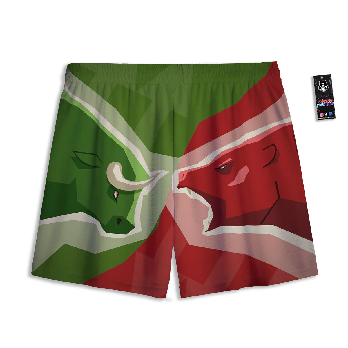 Red Bear And Green Bull Stock Print Mesh Shorts - Image 2