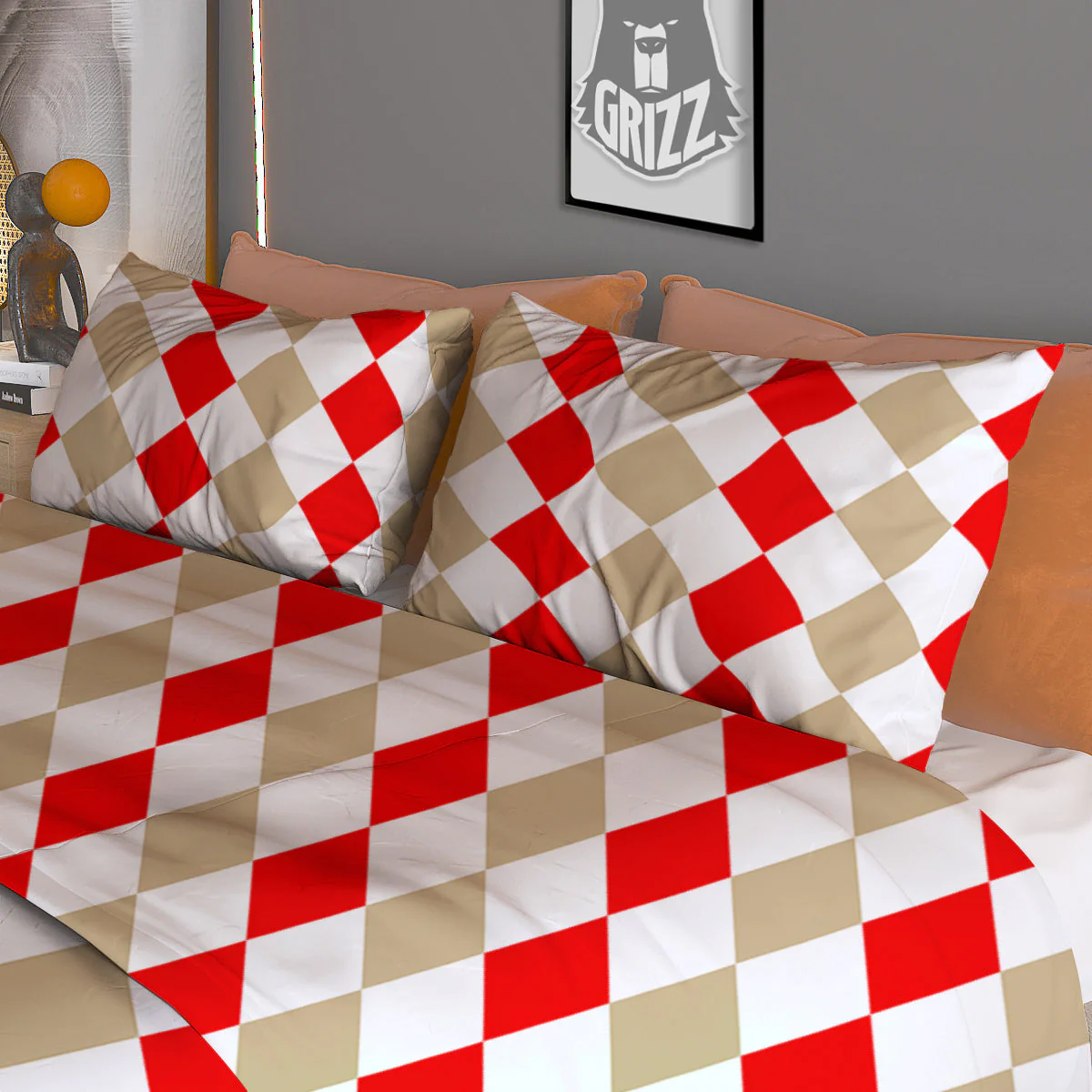 Red Beige And White Argyle Print Pattern Duvet Cover Bedding Set - Image 3