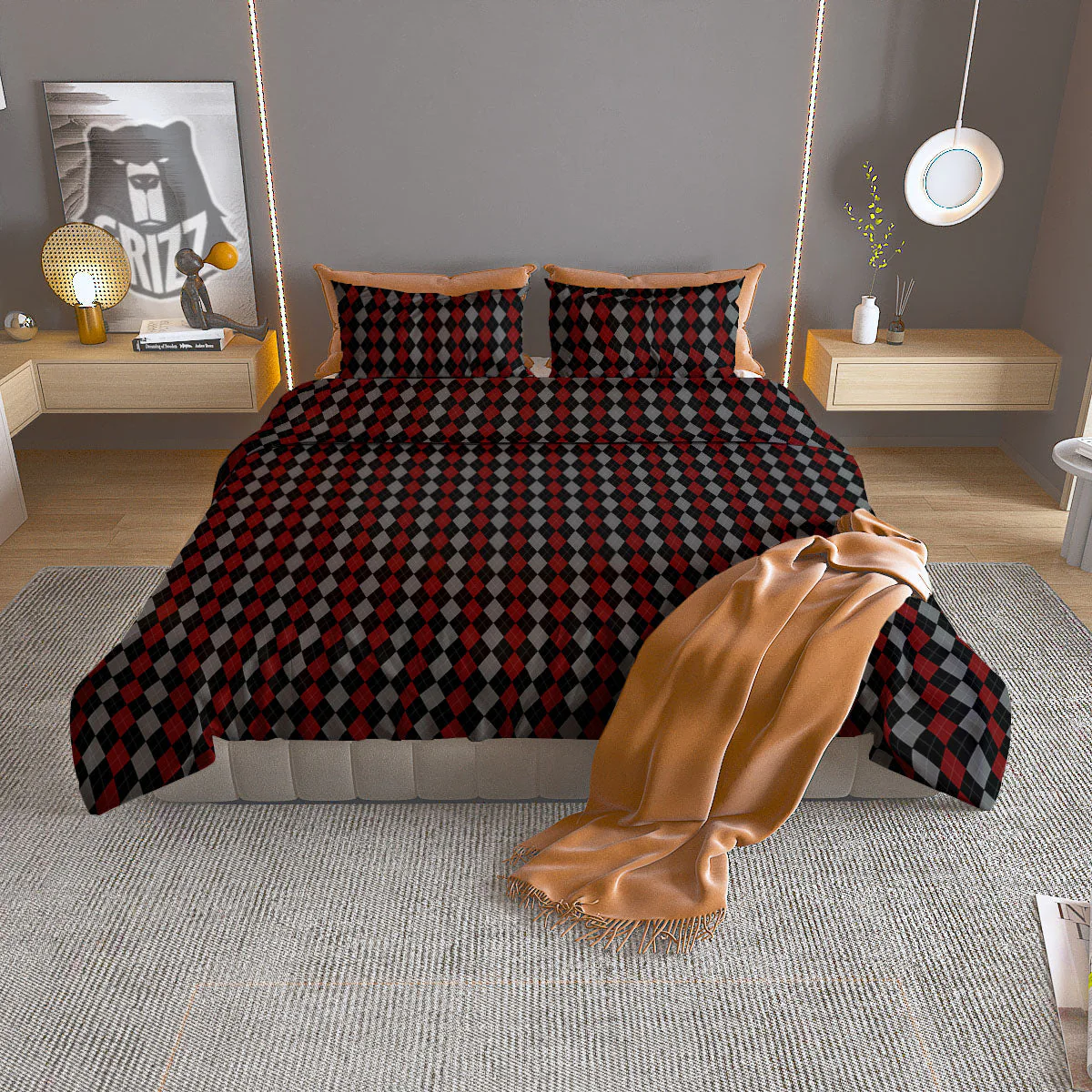 Red Black And Grey Argyle Print Pattern Duvet Cover Bedding Set