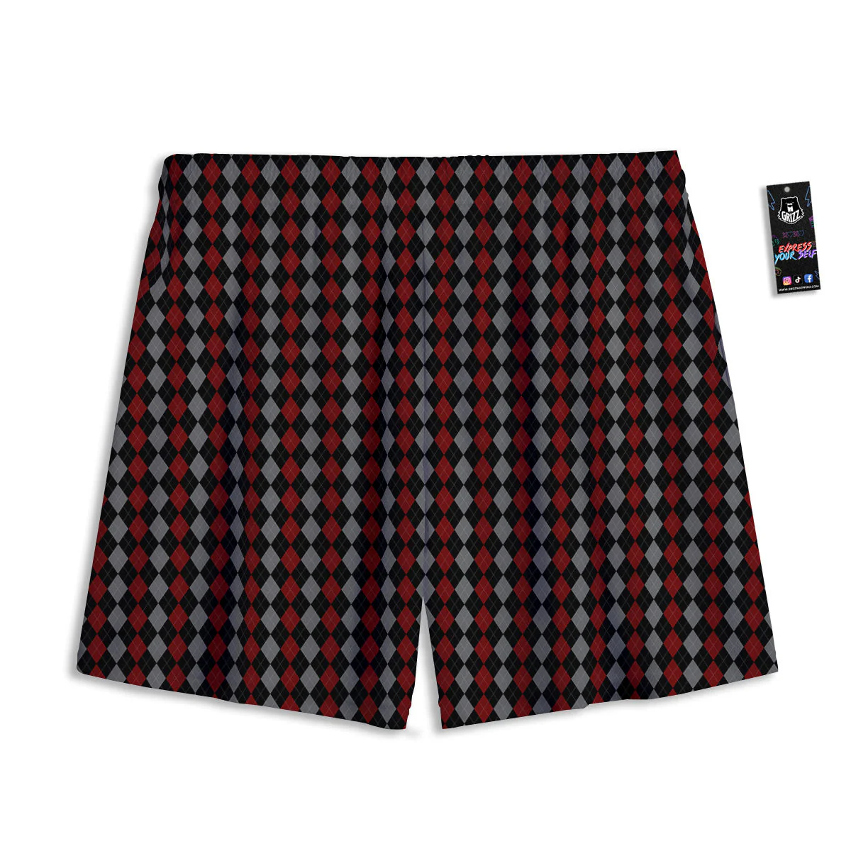 Red Black And Grey Argyle Print Pattern Mesh Shorts - Image 2