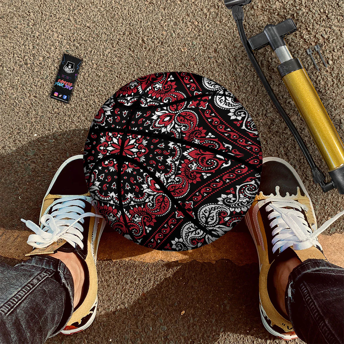 Red Black Bandana Paisley Print Basketball - Image 2