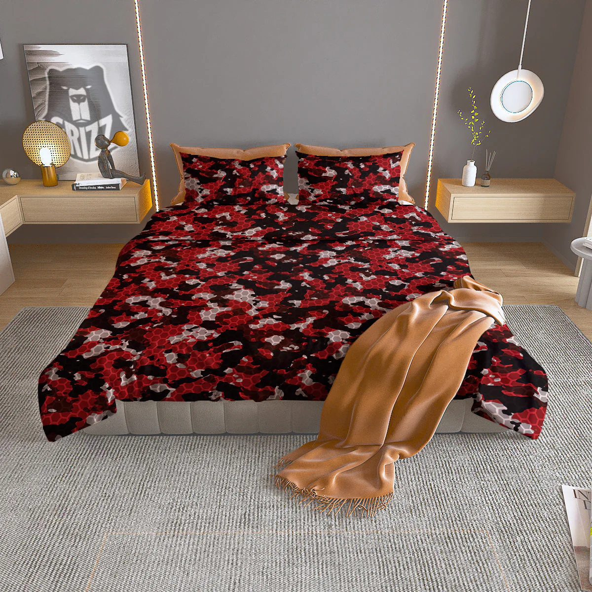 Red Black Hi Tech Camo Hexagonal Grid Print Pattern Duvet Cover Bedding Set
