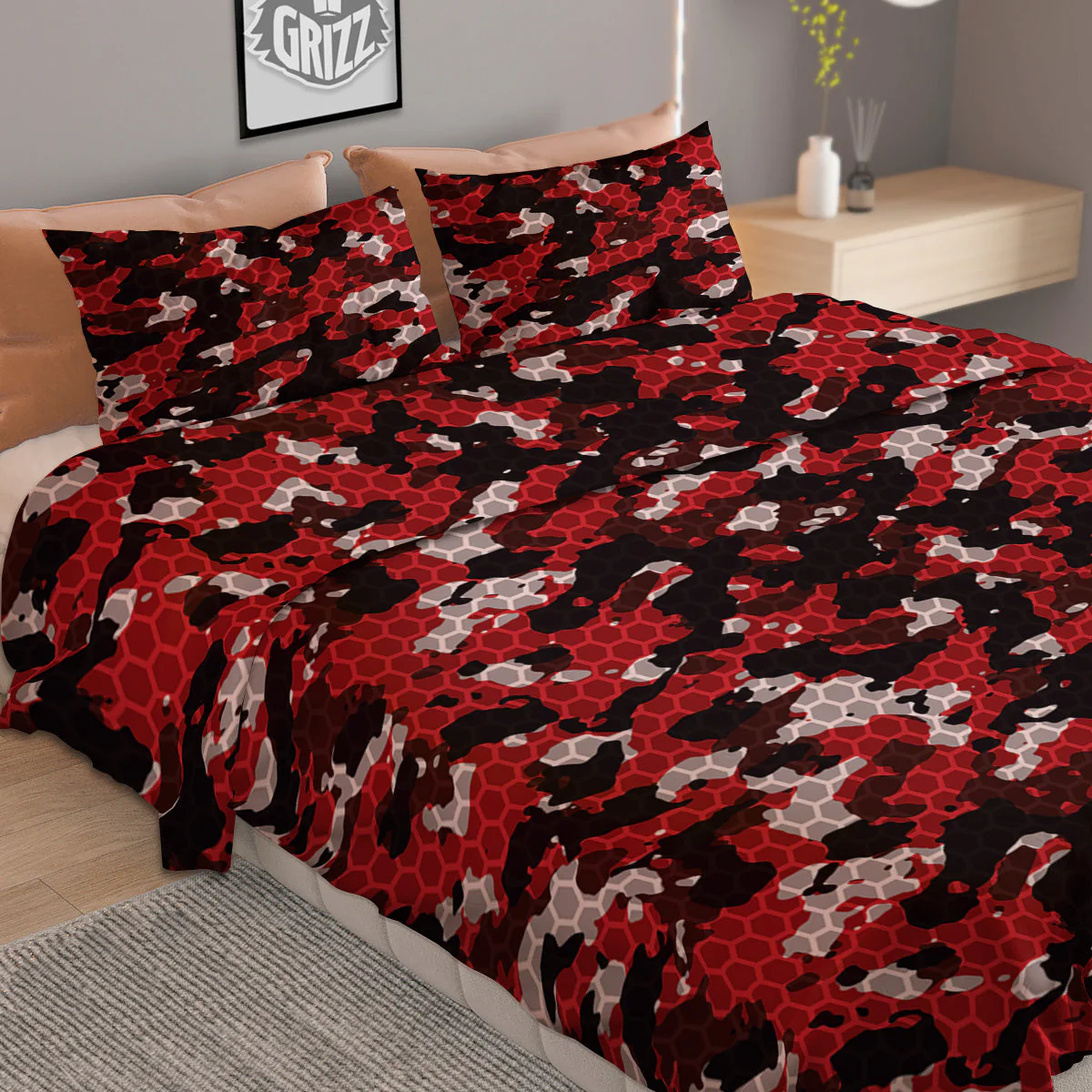 Red Black Hi Tech Camo Hexagonal Grid Print Pattern Duvet Cover Bedding Set - Image 2