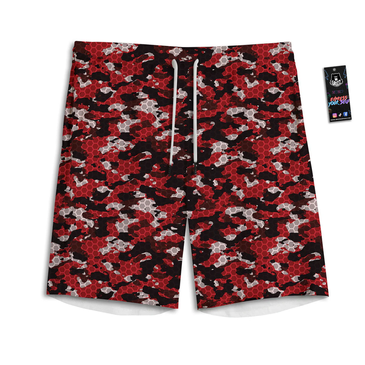 Red Black Hi Tech Camo Hexagonal Grid Print Pattern Men's Athletic Shorts