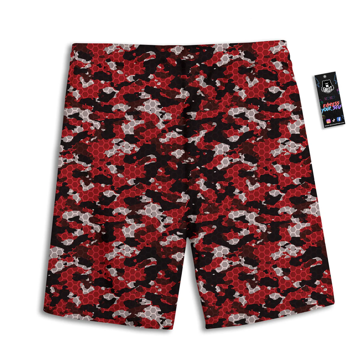 Red Black Hi Tech Camo Hexagonal Grid Print Pattern Men's Athletic Shorts - Image 2
