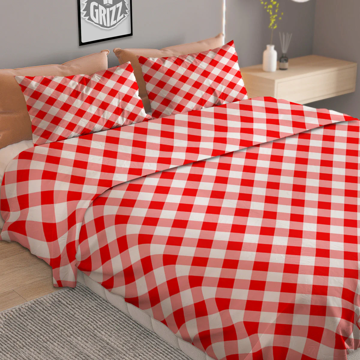 Red Cardinal And White Gingham Print Duvet Cover Bedding Set - Image 2