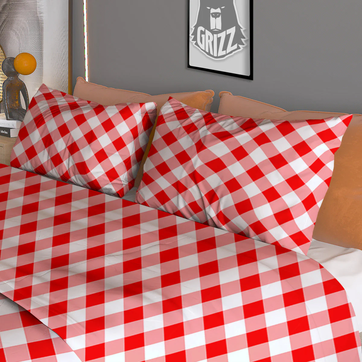 Red Cardinal And White Gingham Print Duvet Cover Bedding Set - Image 3
