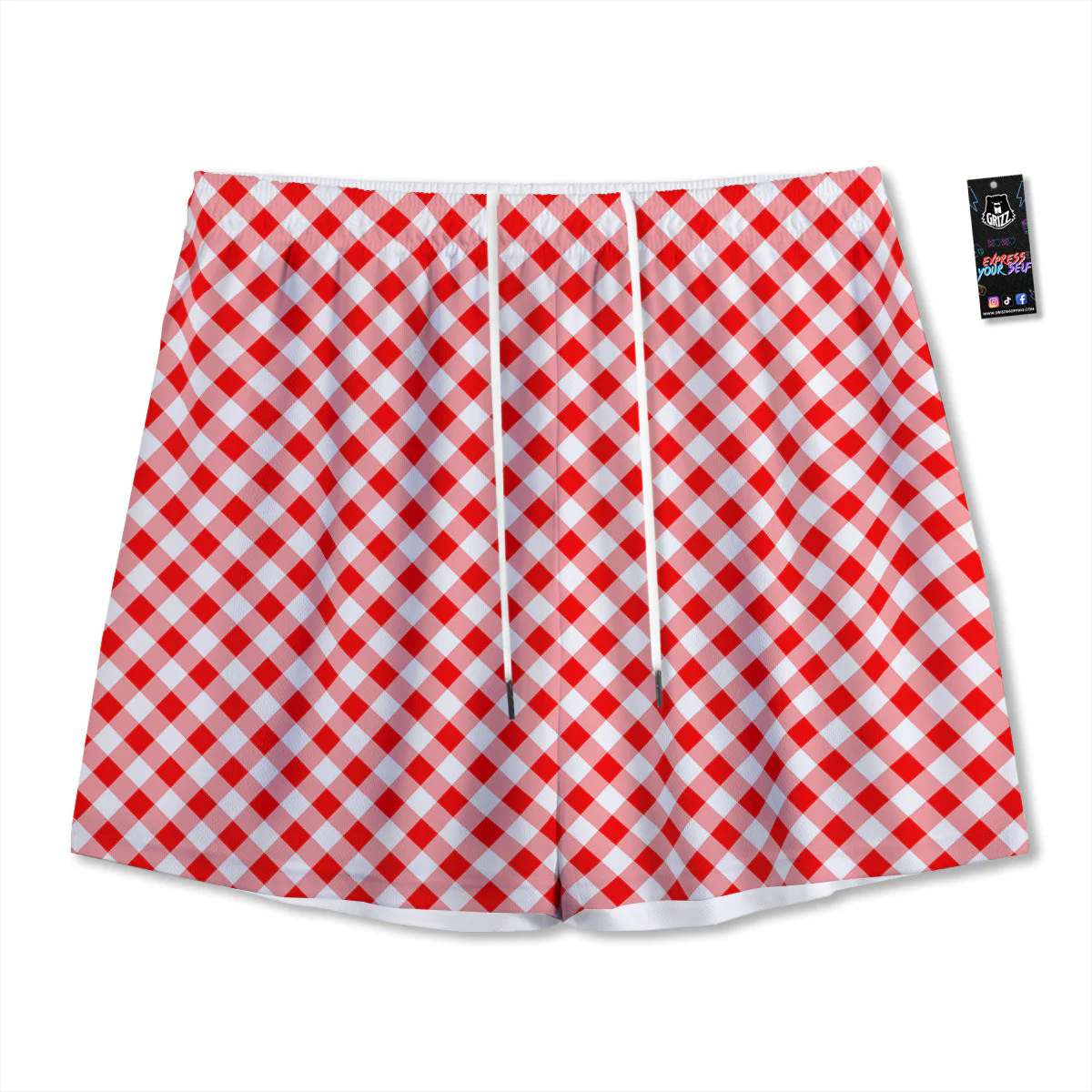 Red Cardinal And White Gingham Print Mesh Shorts