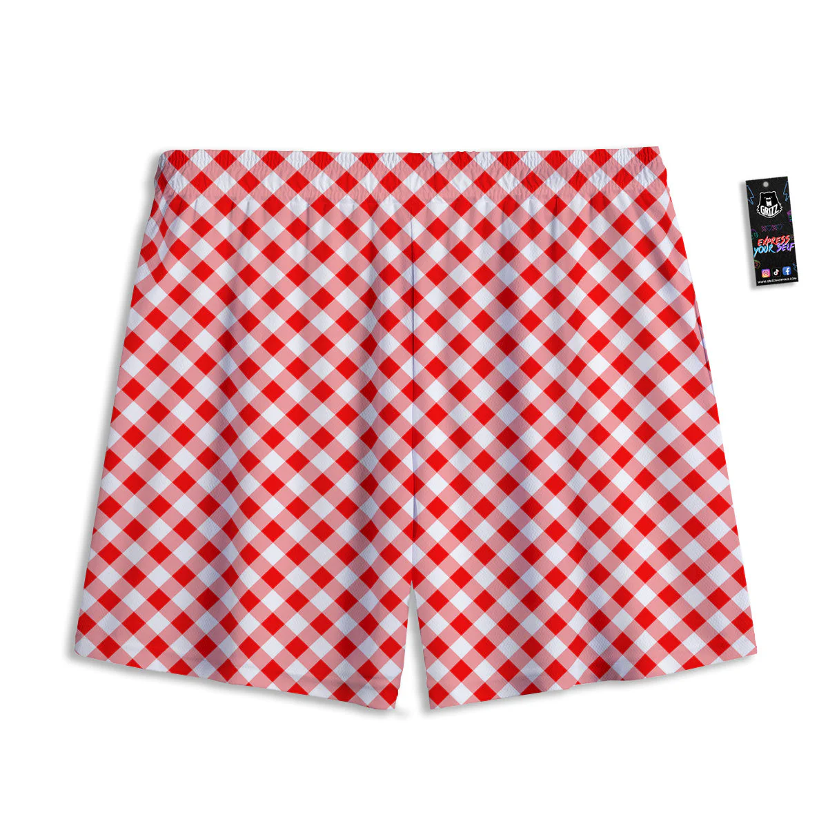 Red Cardinal And White Gingham Print Mesh Shorts - Image 2