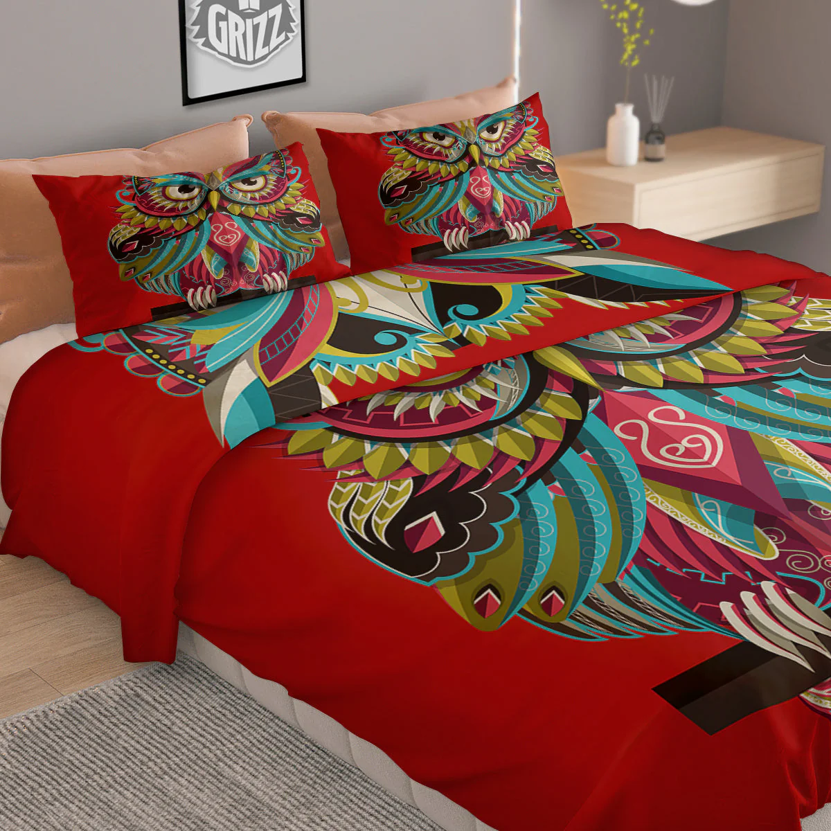 Red Colorful Owl Print Duvet Cover Bedding Set - Image 2