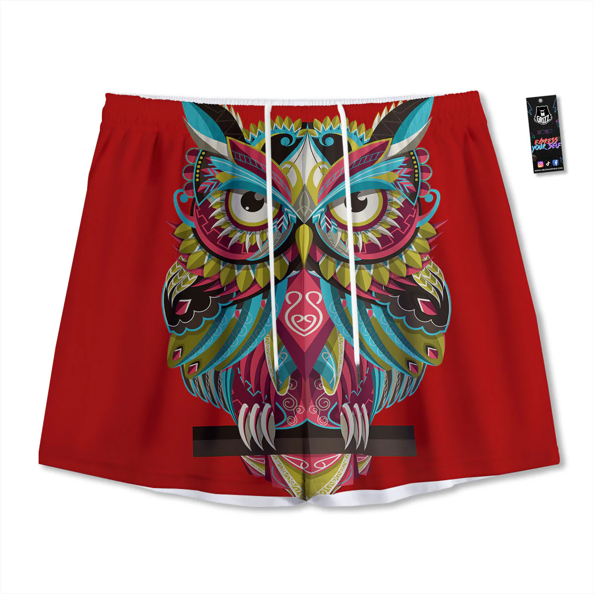 Red Colorful Owl Print Mesh Shorts