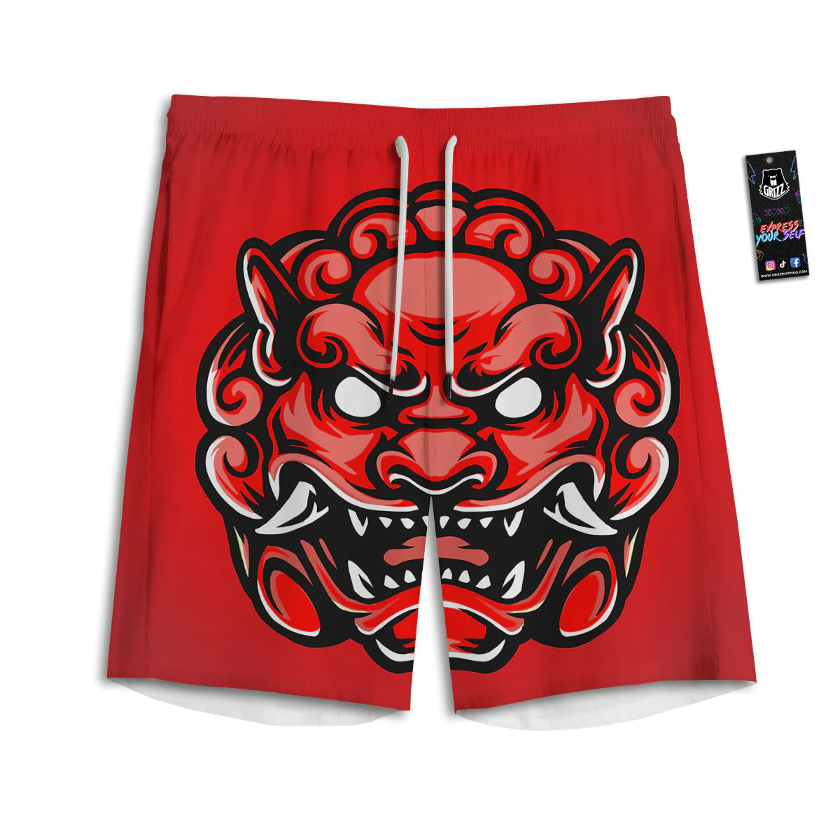 Red Foo Dog Print Men's Athletic Shorts