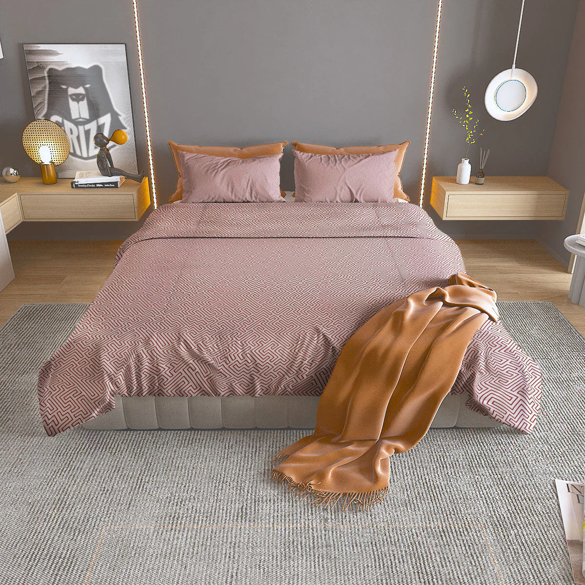 Red Geometric Maze Print Duvet Cover Bedding Set