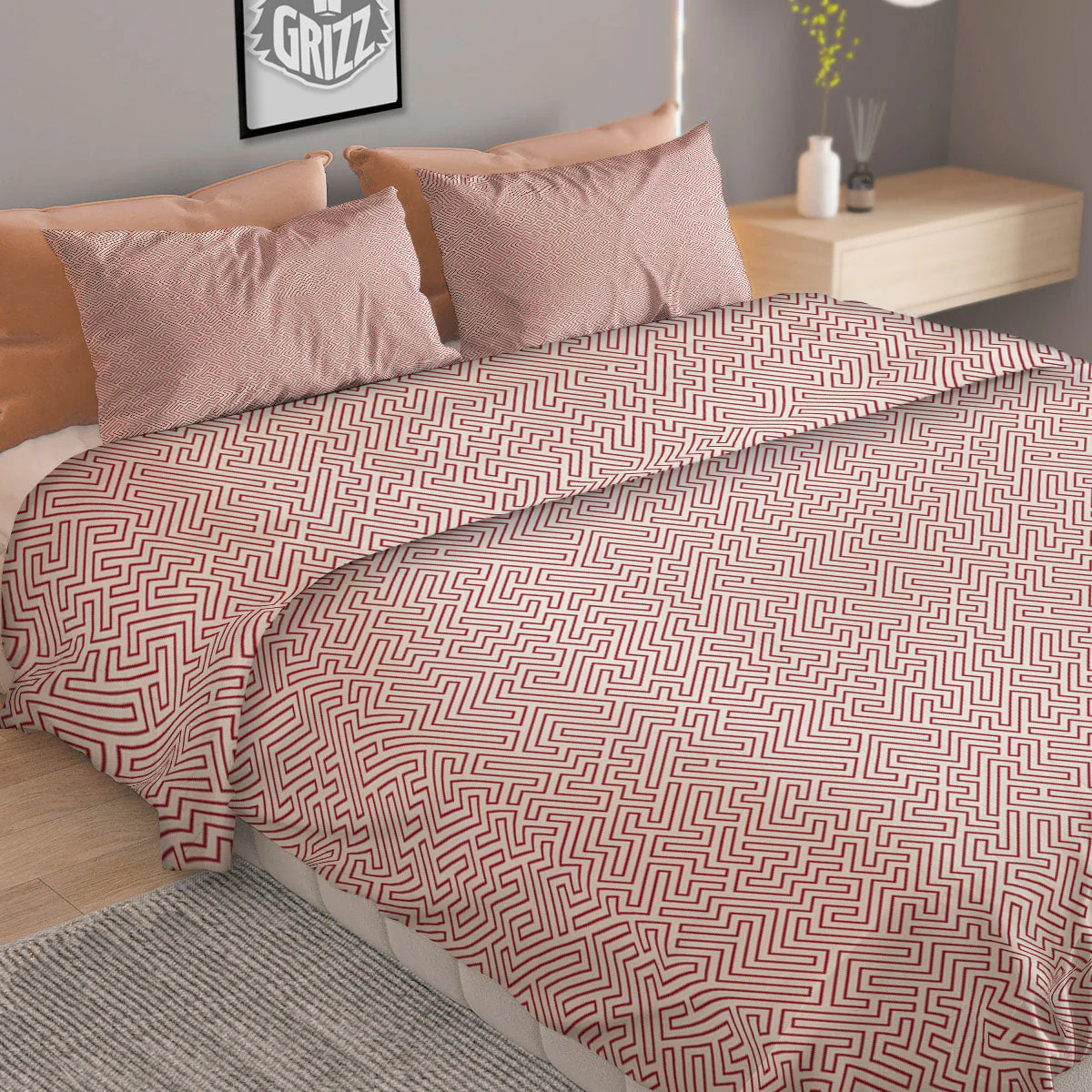 Red Geometric Maze Print Duvet Cover Bedding Set - Image 2