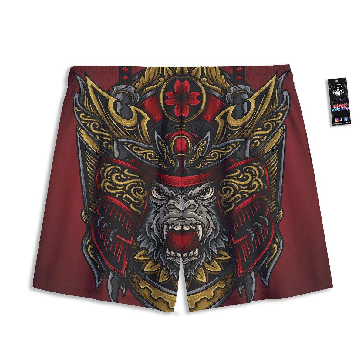 Red Gorilla Samurai Print Mesh Shorts - Image 2
