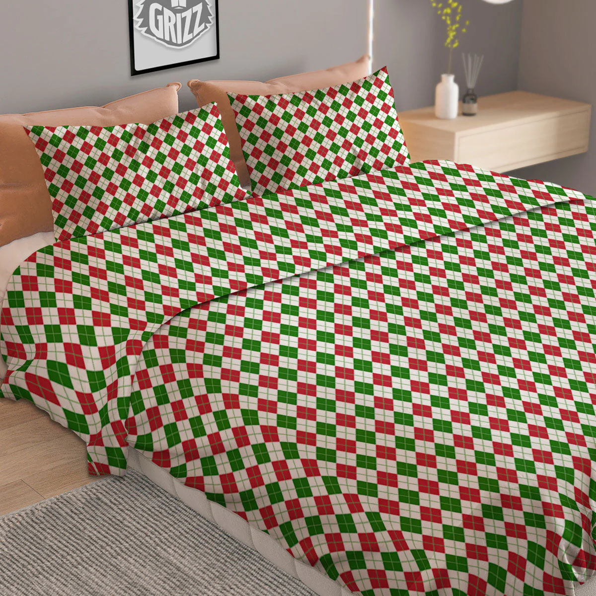 Red Green And White Argyle Print Pattern Duvet Cover Bedding Set - Image 2
