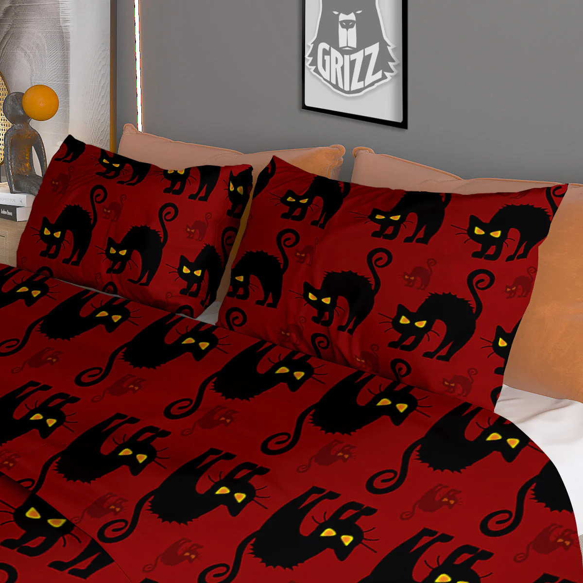 Red Halloween Cat Print Pattern Duvet Cover Bedding Set - Image 3