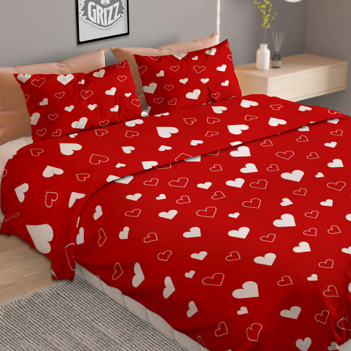 Red Heart And White Print Pattern Duvet Cover Bedding Set - Image 2