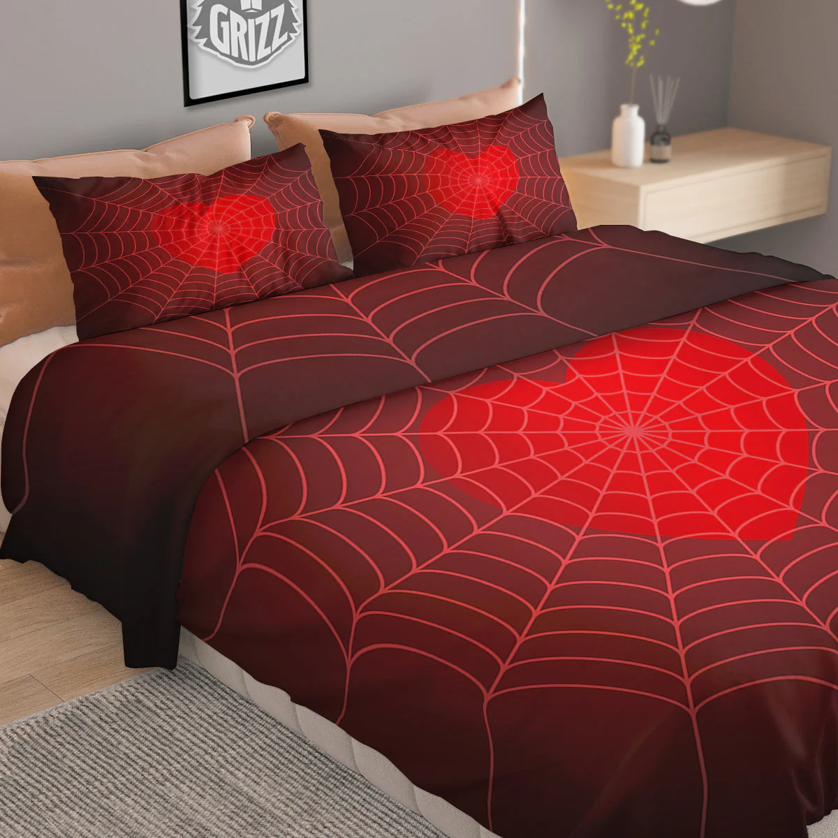 Red Heart Spider Web Print Duvet Cover Bedding Set - Image 2