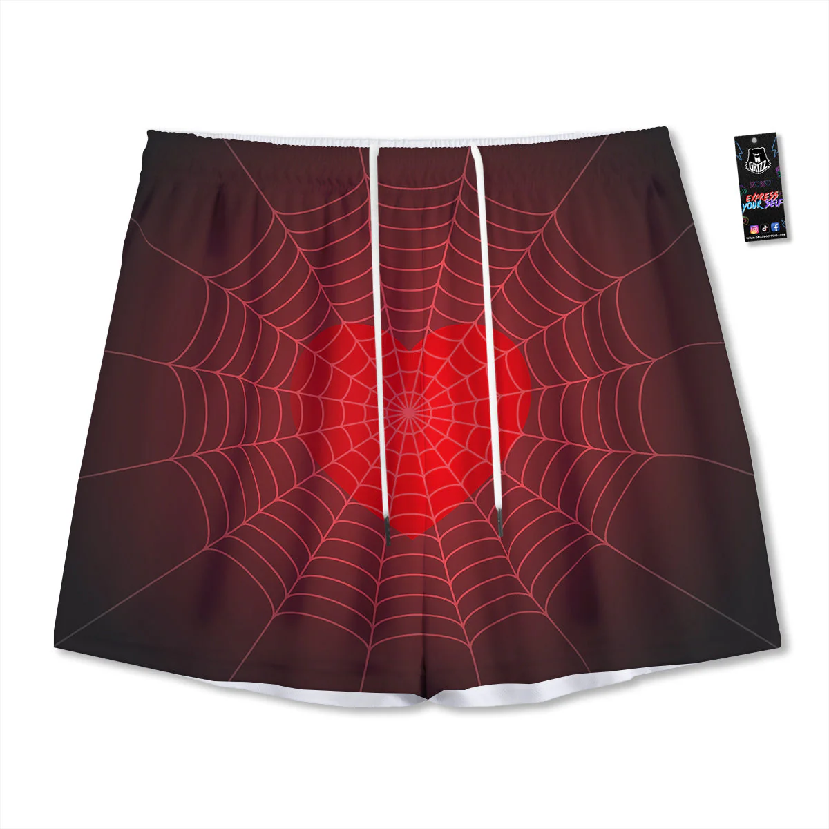 Red Heart Spider Web Print Mesh Shorts