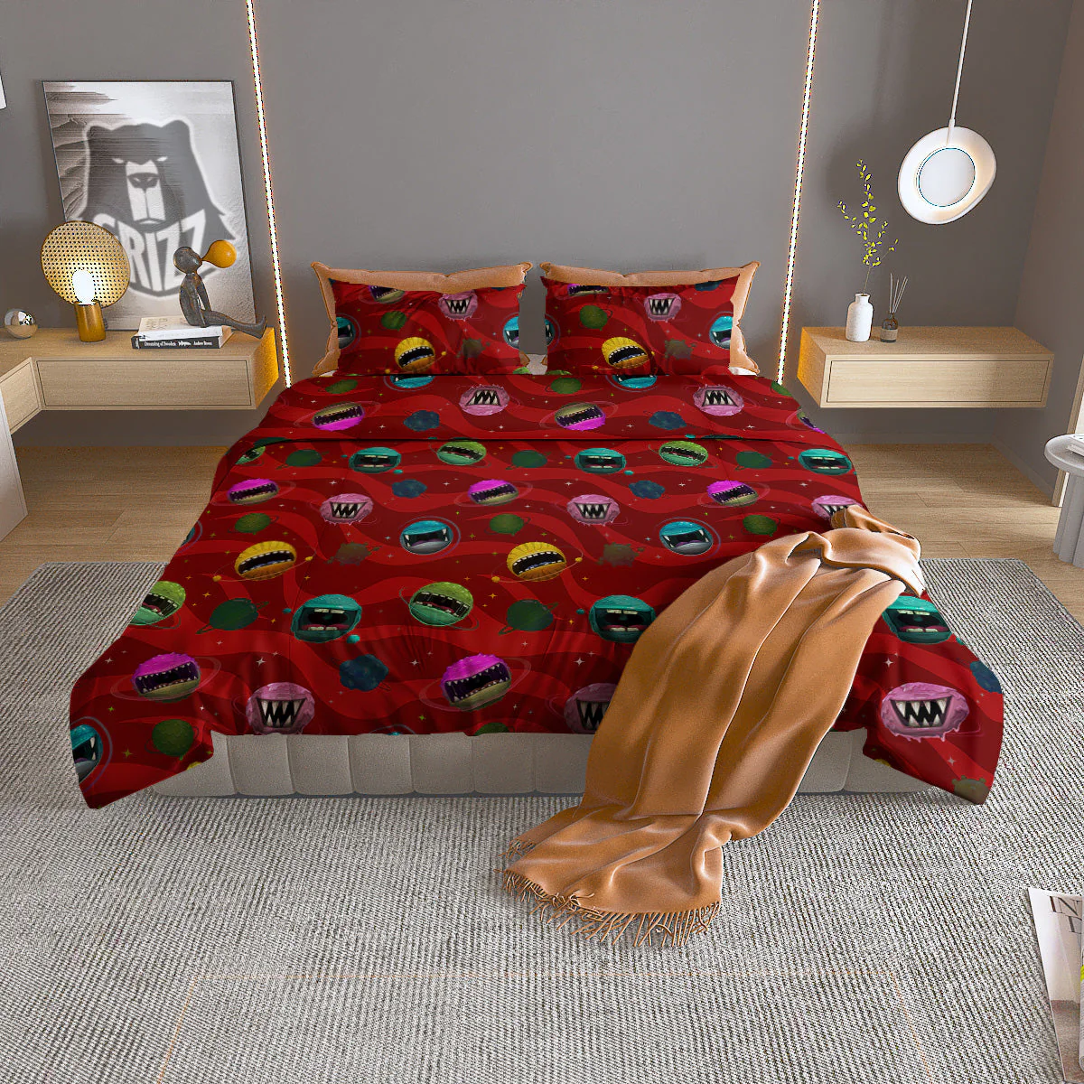 Red Monster Planets Print Pattern Duvet Cover Bedding Set