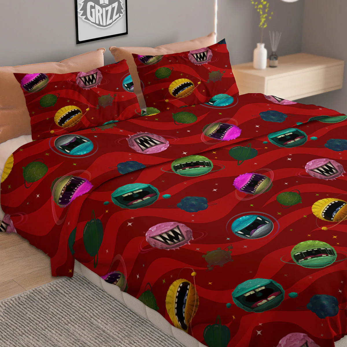 Red Monster Planets Print Pattern Duvet Cover Bedding Set - Image 2