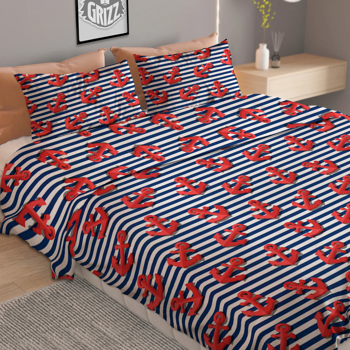 Red Nautical Anchor Blue Striped Print Duvet Cover Bedding Set - Image 2